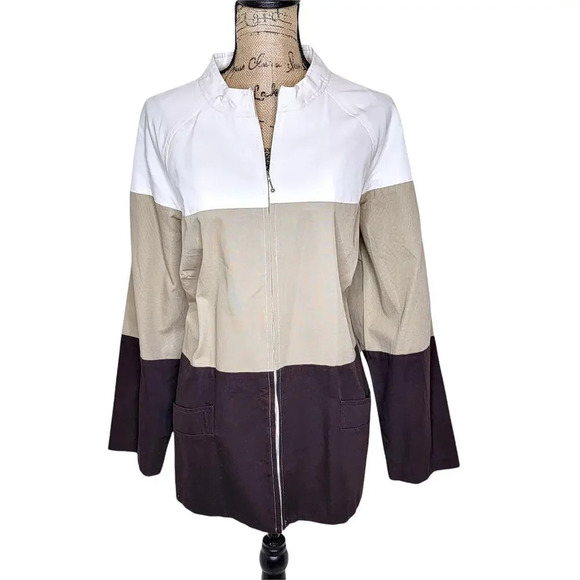 MAGGIE BARNES Womens Plus Fall Colorblock Cotton Canvas Jacket Size 1X Brown - Picture 1 of 12
